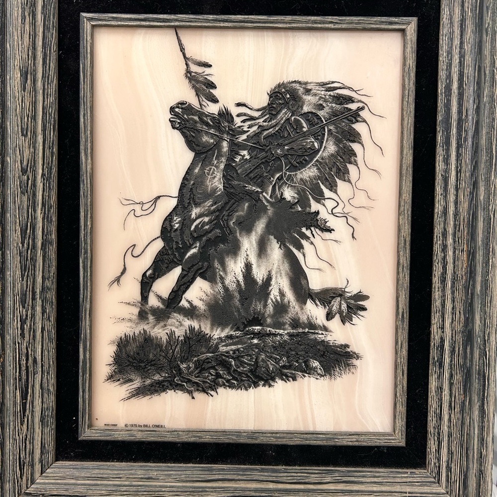Marble carved etched Horse War Chief battle Indian Native American Bill O’Neill